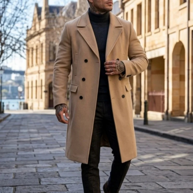 Winter Men's Wool Blend Trench Coat DoubleBreasted n KneeLength Warm Windproof BusinessCasual Streetwear Outerwear 260920