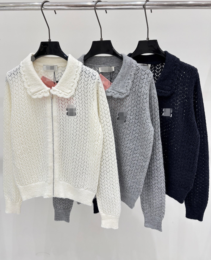 26 Women's Sweater Doll Collar Contrasting Stripes Hollow Ribbed Edge Zipper Design Simple Loose Casual Thin Knitted Cardigan Sweater 918