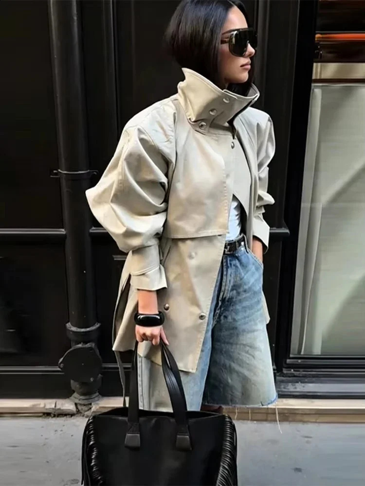 Fashion Stand Collar Short Trench Coat Women Solid Doublebreasted Belt Jacket 2026 Autumn Lady Commuting Casual Outwear 260918