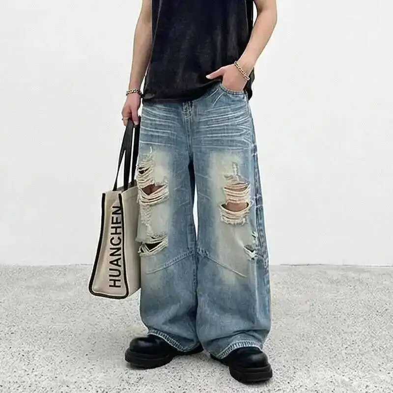 Edgy Men's Ripped Distressed Jeans Washed Blue Wide Leg Baggy Fit Streetwear Casual Premium Denim Pants 9XZH3E S260921SWCN