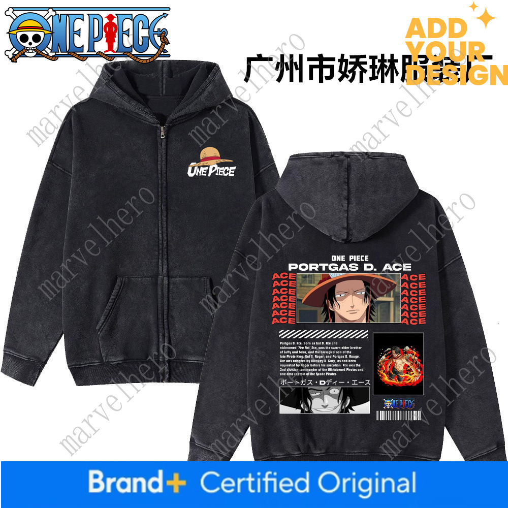 Cerniera americana retrò lavata per uomo e donna, felpa con cappuccio stampata in stile anime scuro di One Piece Ace