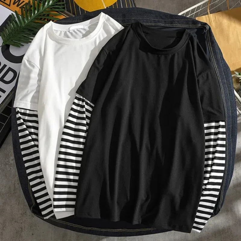 Harajuku Black White Striped Y2K Long Sleeve Solid Color T-shirts Men Women Fall Two Piece Long Sleeve Loose T-shirt 260921