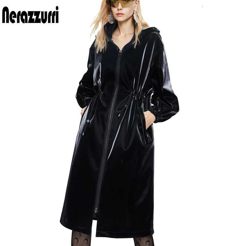 Leather Faux Women's Leather Nerazzurri Long Black Warm Oversized Shiny Patent Leather Trench Coat for Women Long Sleeve Zip-Up Fall Fashion 20