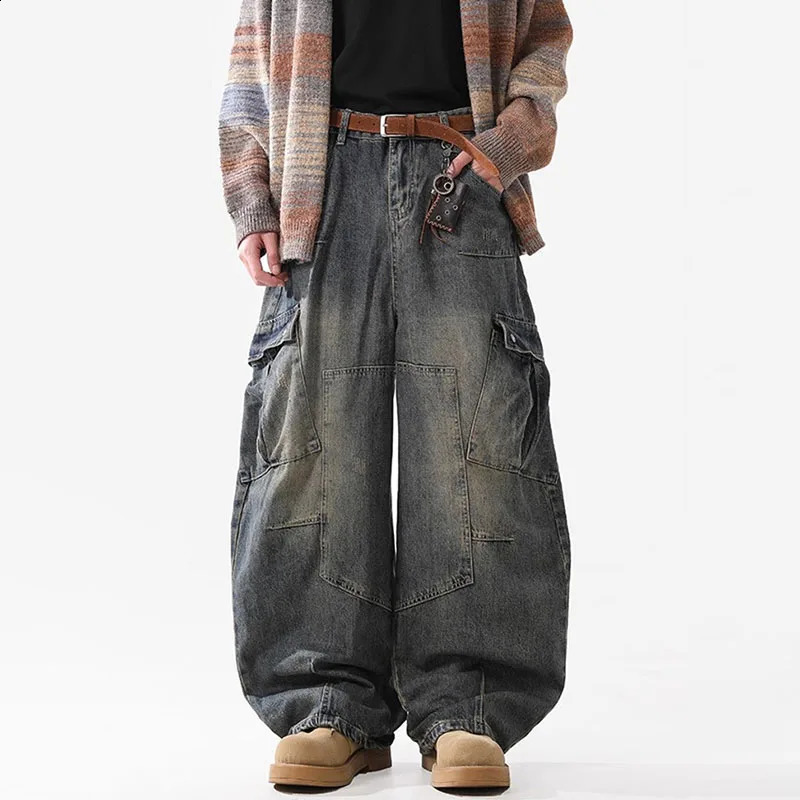 Retro Multi Pocket Curved Knife Jeans Autumn And Winter Vintage Wide Leg Workwear Pants Korean Version High Street Men'S Jeans 260921