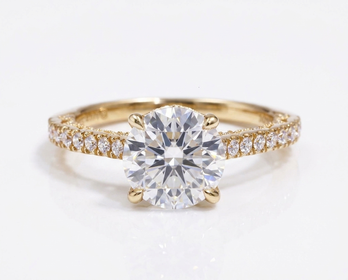 Custom Made Women's 14K Yellow Gold Classic Round Moissanite Promise Ring DEF Color with Full Pave Band for Wedding Anniversary