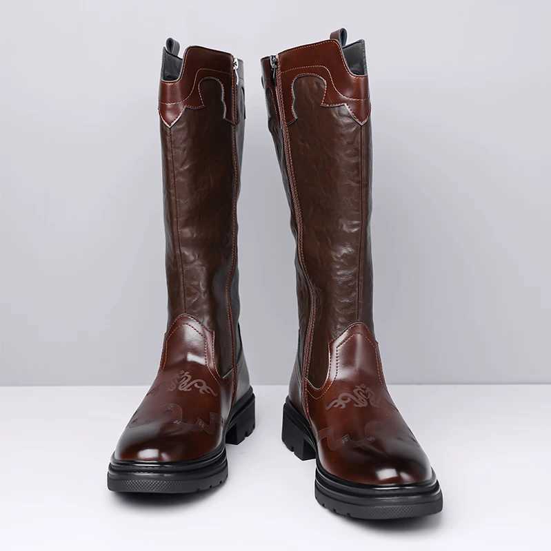 Designer Cowboy Western Boots Mens Knee High Boots Vintage Embossed Leather Riding Boots Side Zipper Thick Sole Motorcycle Boots Mid-Calf Botas J260