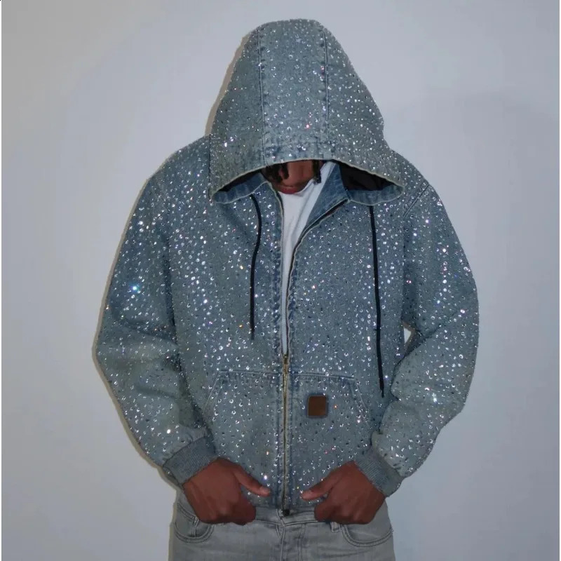Y2k Streetwear Rhinestone Decorated Denim Hooded Jacket Men European American Fashion High Street Men's Loose Hoodie 260921
