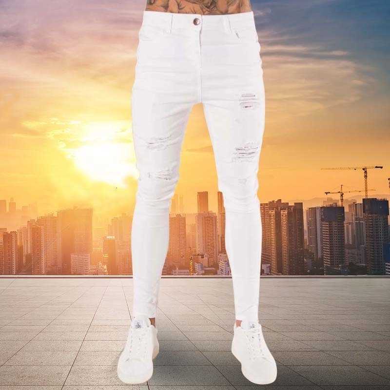 Mens Men's White Moto Skinny Ripped Pure Color Elastic Denim Pants Male Casual Waistline Jogging Pencil Pants 230720 S260922DODR