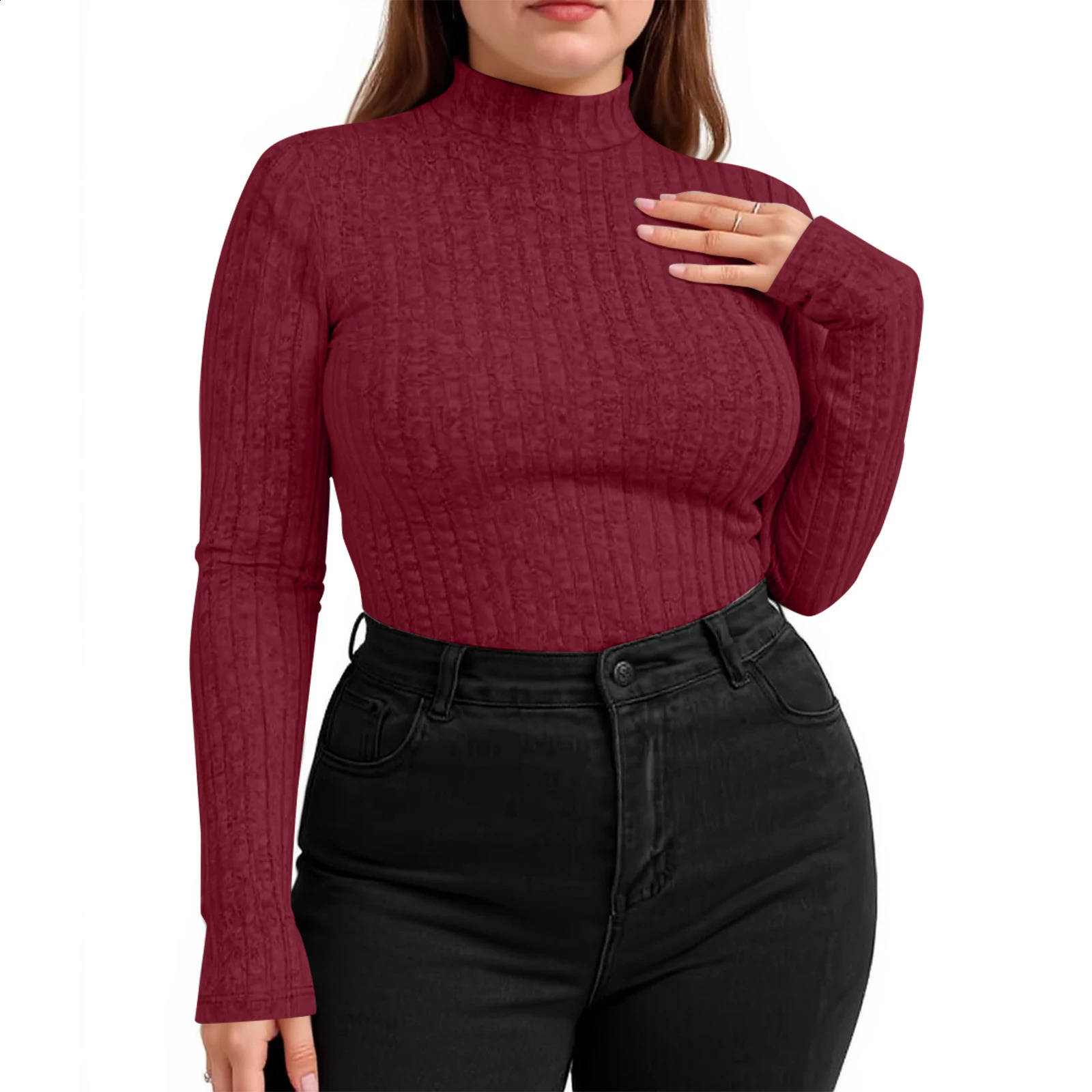Plus Size Women's Solid Color knitted Sweater Autumn and Winter Long Sleeved Semi High Neck Knitted Pullover Top Casual Knitwear 260921