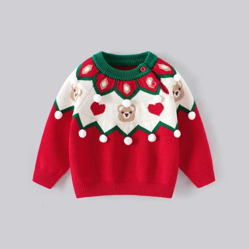 Autumn and winter children's Pullover sweater red pullover Korean version teddy bear round neck knitted sweater children's Christmas top C