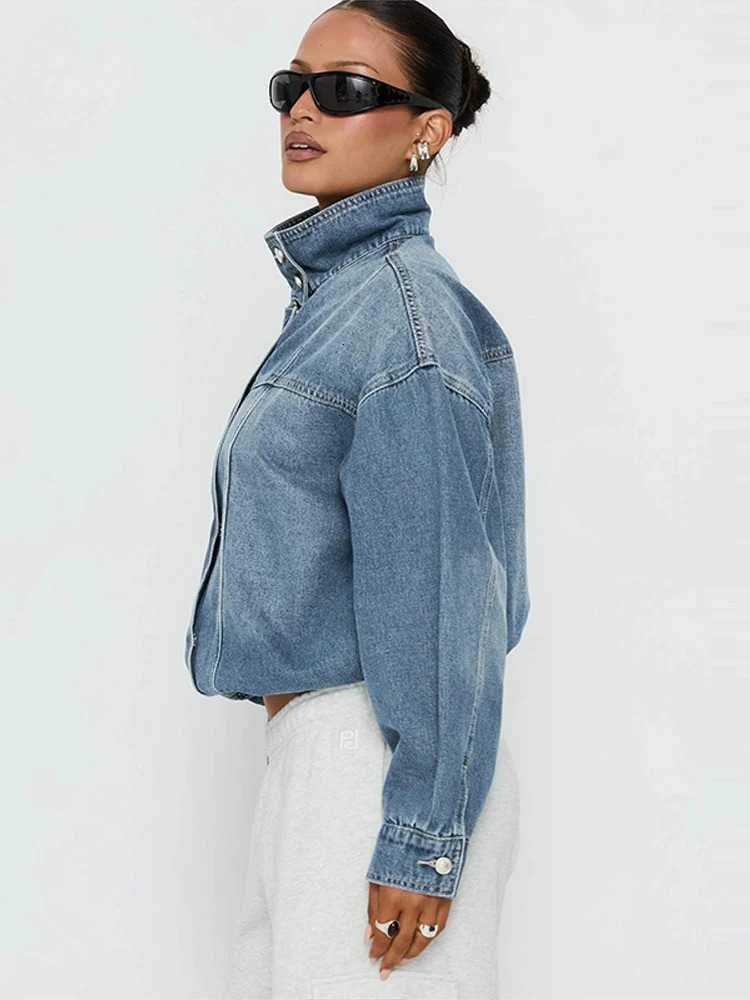 Stand Collar Washed Denim Women Jacket Hidden Button Front Drop Shoulder Long Sleeve Cropped Waist Coat Vintage Street Daily 260922