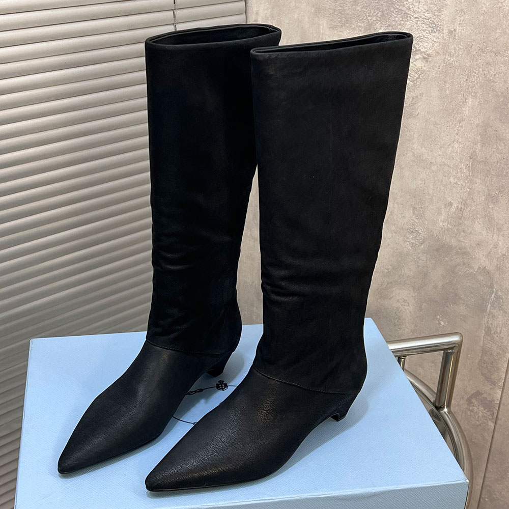 Luxury Designer Soft Leather Boots Knee High Boot Pointed Toes Comfort Womens Knee Boot Retro Style Autumn Winter Knight Boots Height 4cm Leather Li