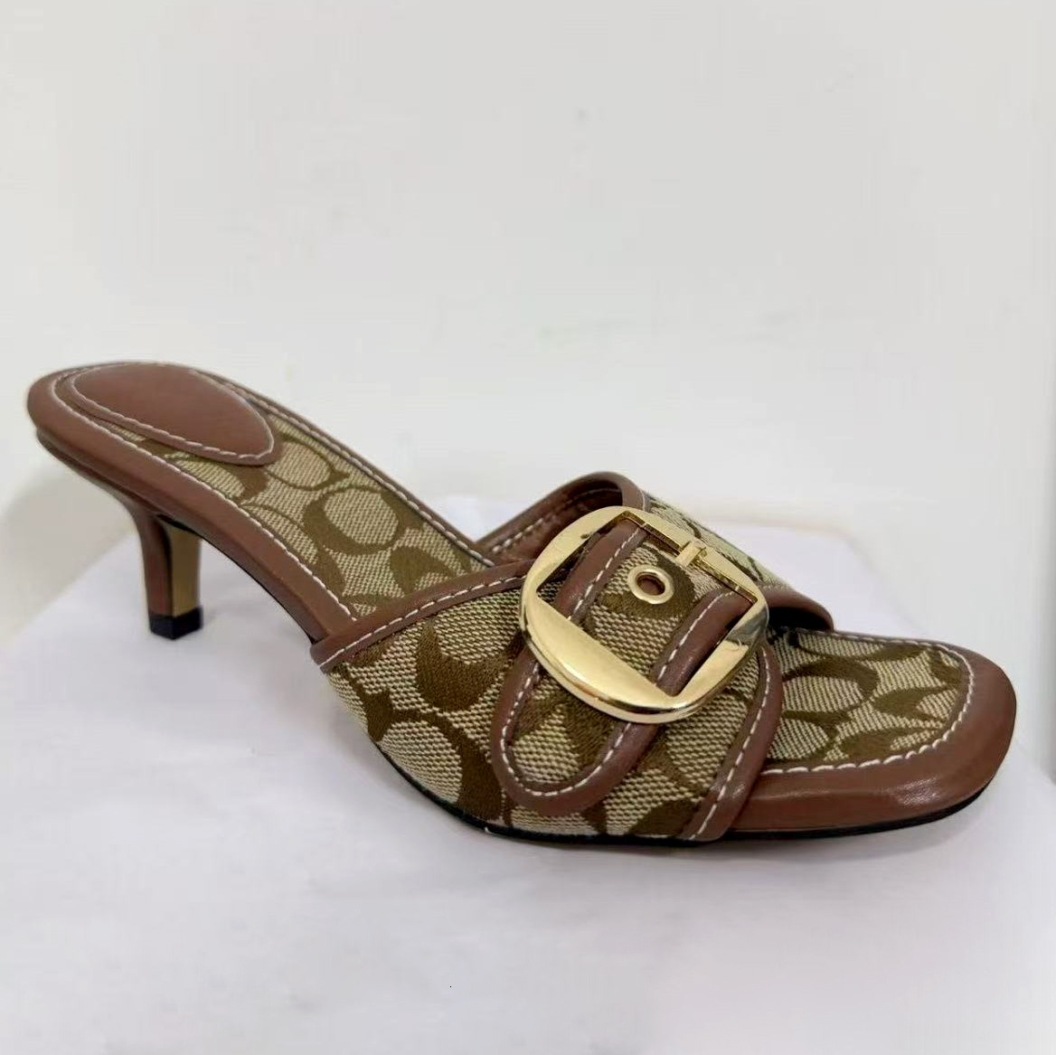 High quality Sexy heels Slippers Outdoor travel Slide Summer Vintage kitten heel Women Mule luxury Designer Metal Buckle Sandal Fashion Print Dress