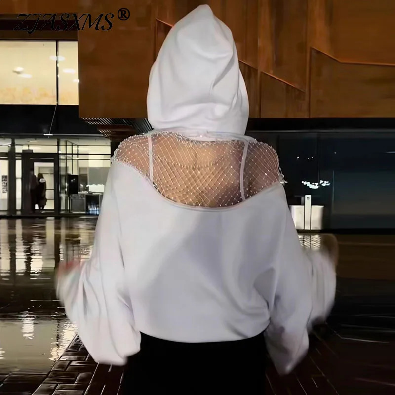 Y2K Hoodies Woman Sexy Mesh Rhinestone Back Hooded Sweatshirts Spring Casual Long Sleeve Solid Top Autumn Pullover Harajuku 260921