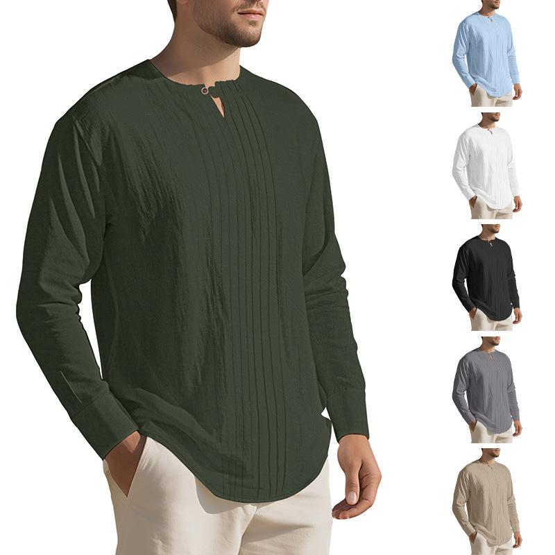 Chemise plissée à manches longues pour hommes, col en V, style Henley, hauts légers, respirants, amples, décontractés, vacances, look lin, chemis