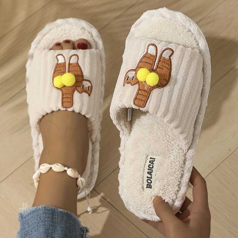 2026 Cartoon Cat Home Slippers Women Autumn Winter Soft Sole Warm Plush Slides Woman Lightweight Indoor Stripe Cotton Slippers T260922