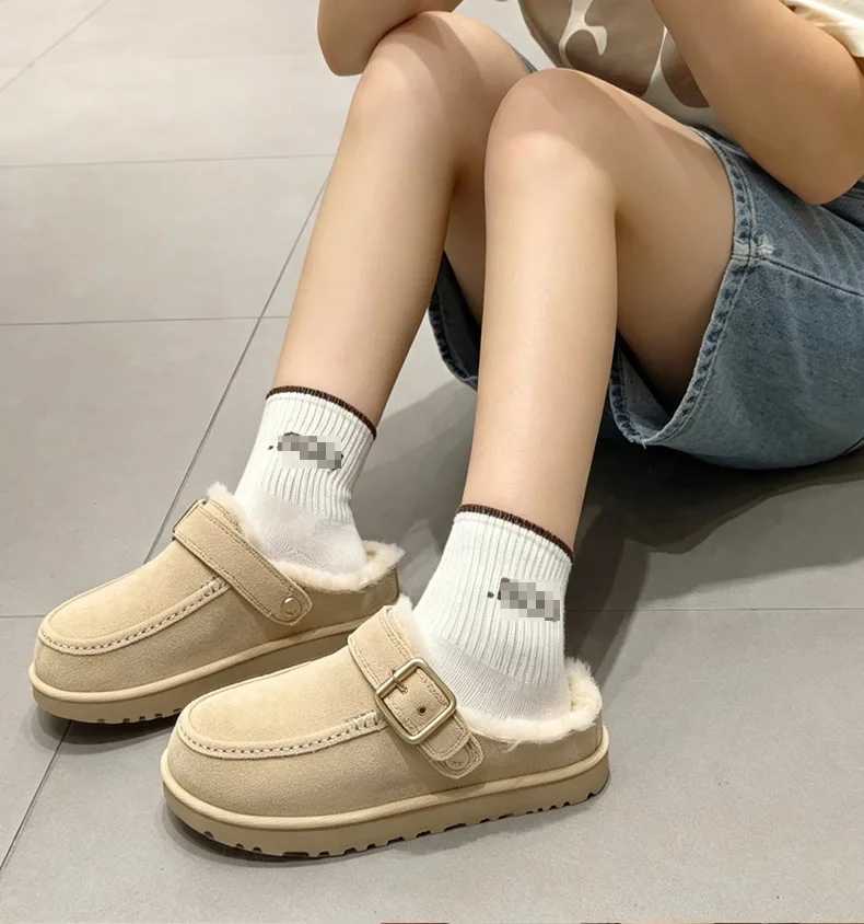 Women Casual Sheepskin Leather Slippers 2026 Winter Warm Thick Sole Retro Buckle Fur Lining Cotton Shoes Brown T260922