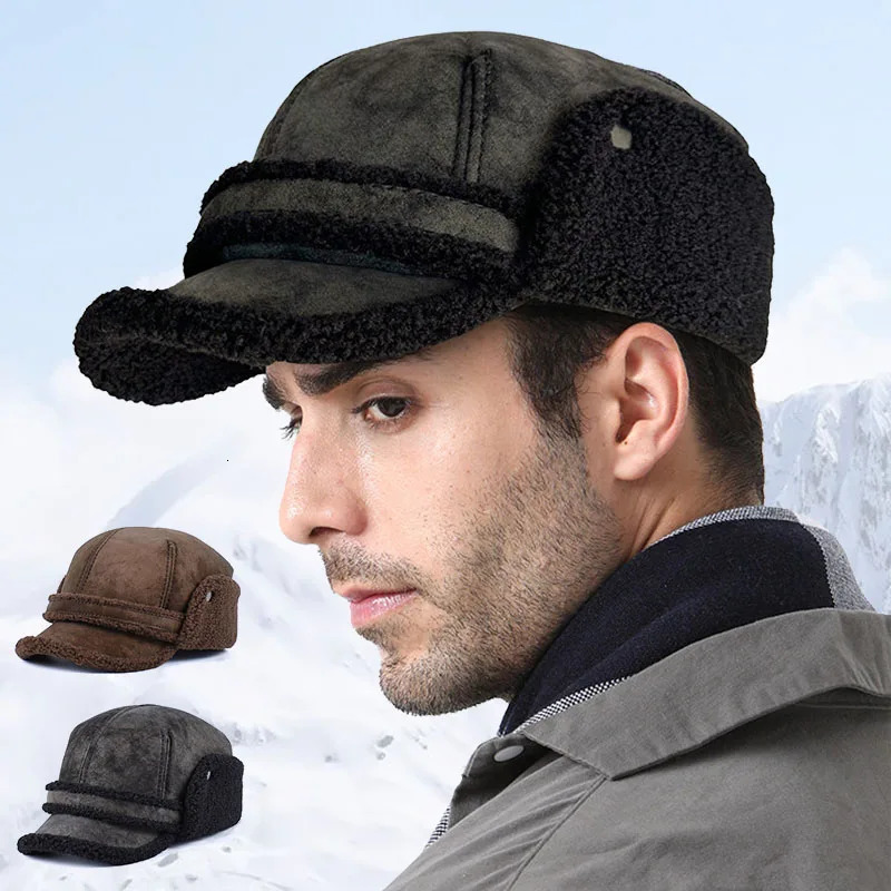 High Quality Winter Hat Men Faux Fur Wool Warm Thick Ushanka Earflaps Hat Men's Baseball Cap Leather Fleece Snow Russian Cap 260921
