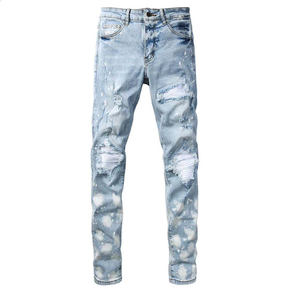 Men's Skinny Denim Jeans Streetwear Bleached Light Blue Pants Patch Holes Ripped Distressed Slim Tapered Trousers 260921