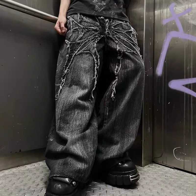 Jeans Men's Men's Y2K Gothic Hip Hop Baggy Jeans Vintage Patchwork Distressed Denim Pants Retro Streetwear Grunge Wide Leg Trousers T26092