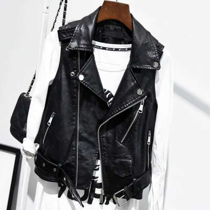 Sale Black Hot Sleeveless Pu Leather Jackets Winter Jacket Women Pu Belt Veste Motorcycle Jacket Waistcoat Vest Rivet Vests C260921