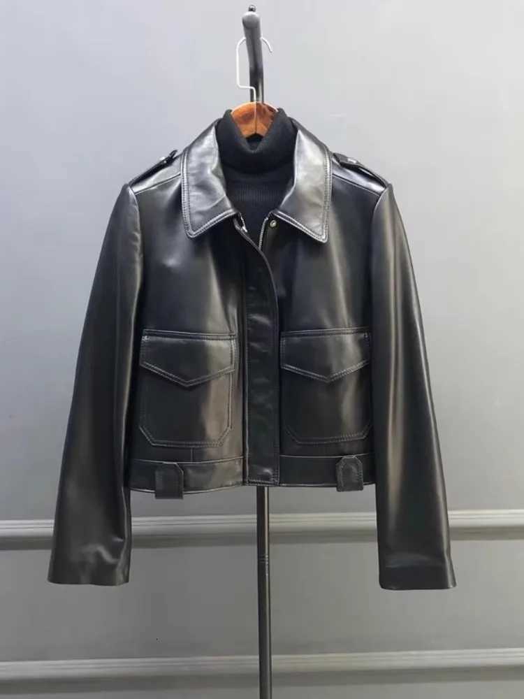 Collar Women Turn-Down Genuine Leather Jacket New Spring Fashion Cargo Short Coat High Street Punk Sheepskin Motorcycle Jackets C260921