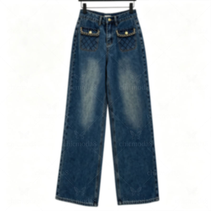 Women's Designer Brand Plus Size Wide-Leg Jeans with Diamond Quilted Pockets - High-Waisted Washed Denim