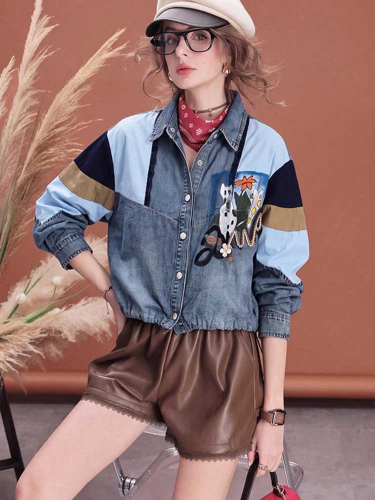 Women's Jackets Women Cropped Denim Shirt Color Block Patchwork Embroidered Graphic Vintage Washed Button Up Casual Streetwear Blouse C260921