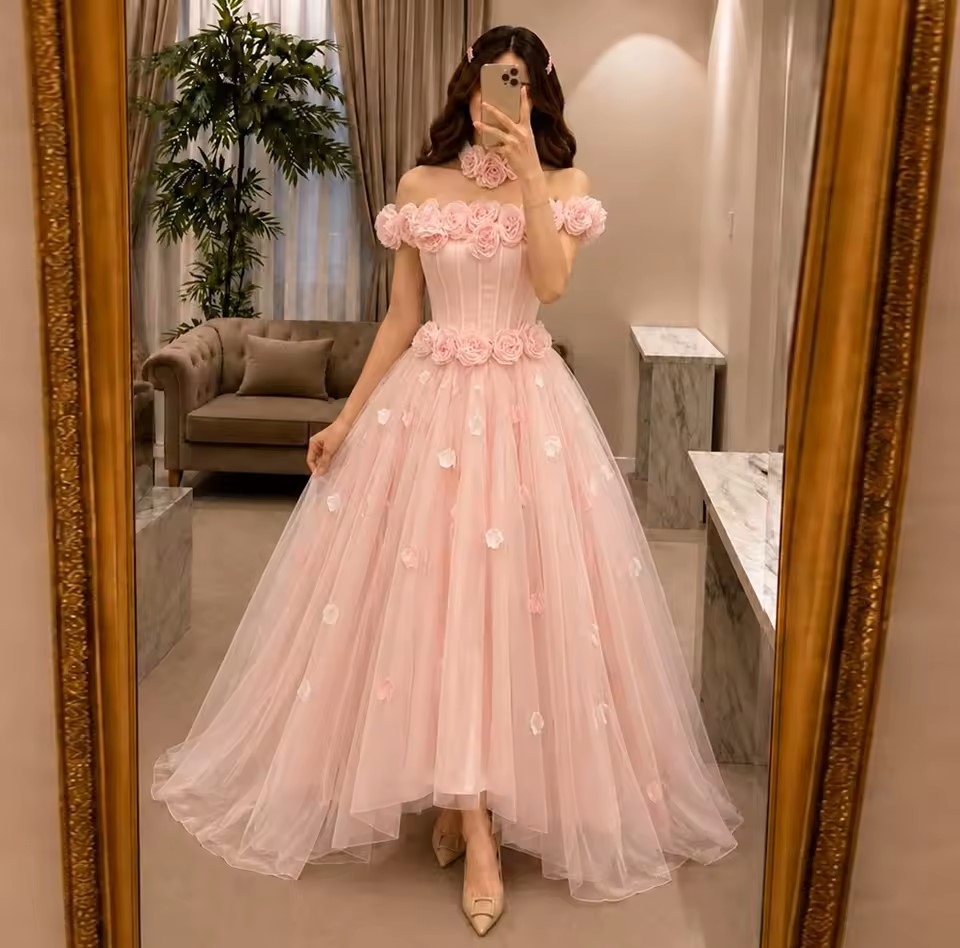 Light Pink Prom Pageant Dress 2027 Off the Shoulder 3D Flower Tulle Evening Party Gowns Formal Birthday Dresses Robe De Soriee Vestidos Para Graduac