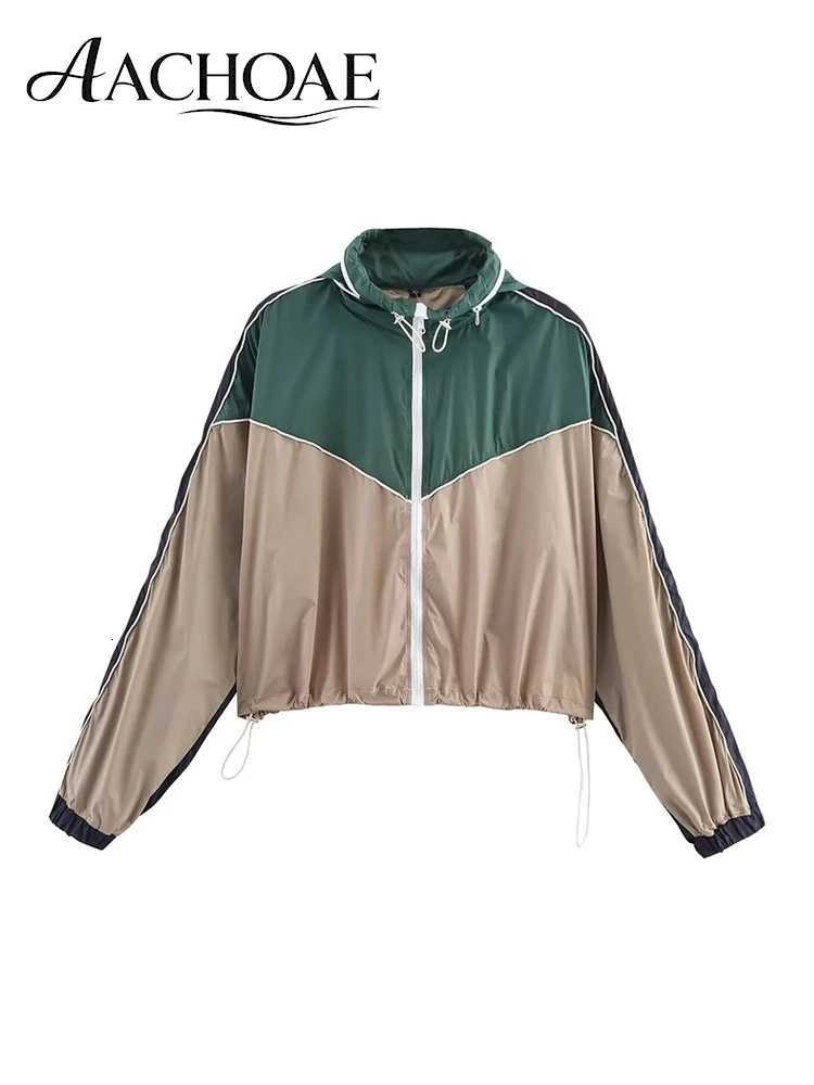 Women's Jackets AACHOAE Women's Color Block Hooded Windbreaker Jacket Lightweight Zip Up Drawstring Hem Cropped Casual Sports Outdoor Coat