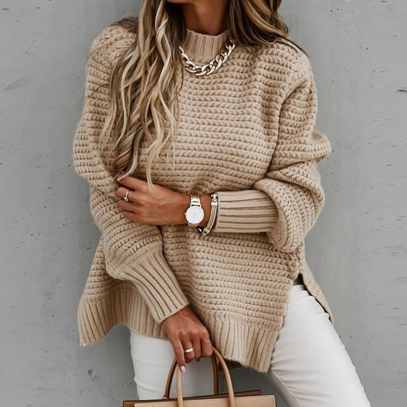 Loose Split Knitted Long Sleeve Thick Sweater Half High Neck Korean Fashion Pullover Autumn Winter Black Women Clothes 260921