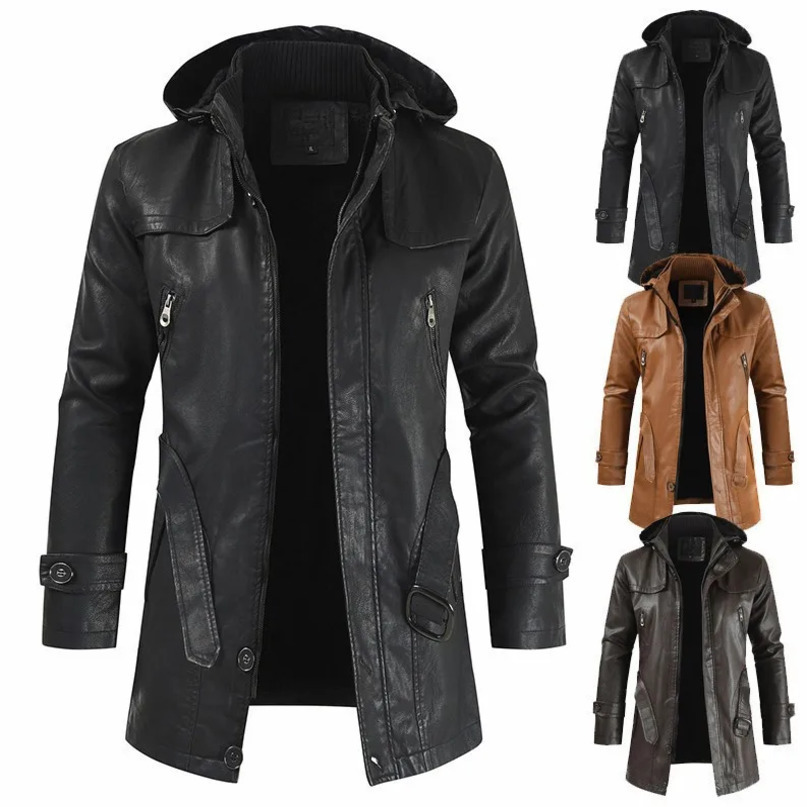 Winter Mens Leather Motorcycle Korean Fashion Jacket Coat Windproof Clothes Hooded Medium Long Windbreaker Coats 260908