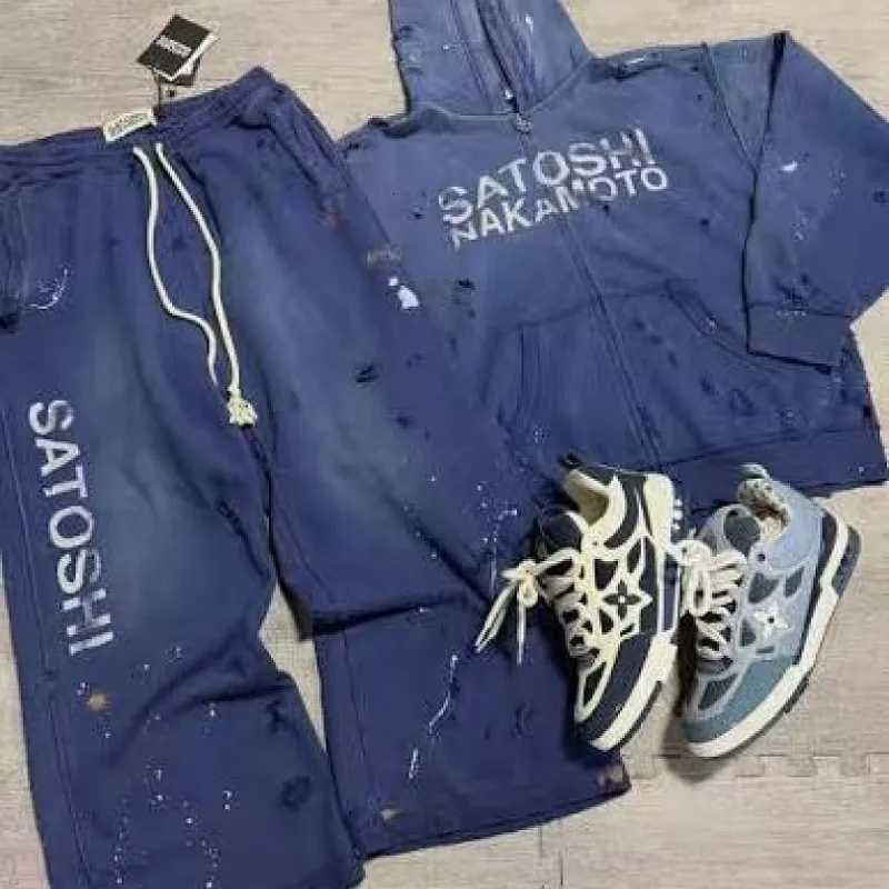 Arrival Men's Tracksuits Satoshi New Pants Trousers Hoodie Sets Cotton Wash Hoodies Black Blue Men Women Zipper Oversize Hooded J260921