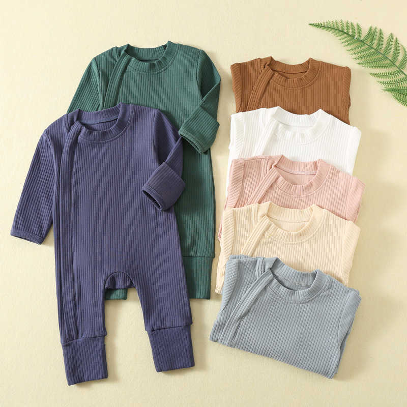Spring and autumn longsleeved baby jumpsuit solid color zipper pajamas infant crawling suit newborn romper Q260919