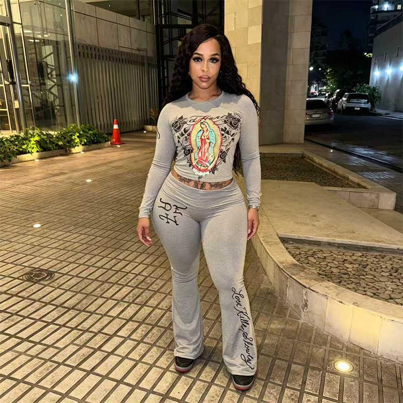Spicy girl two-piece set with printed long-sleeved crop top and women's letter-printed slightly flared long pants T260922