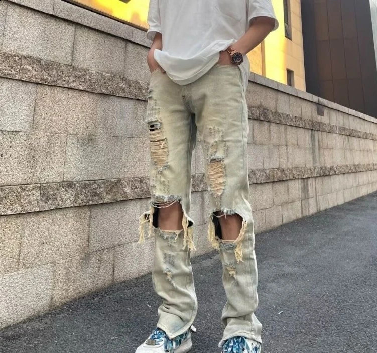 High Quality Ripped Jeans Men's Summer Thin Retro Fried Street Mid-waist Straight Pants Vintage Menswear Clothing y 260921
