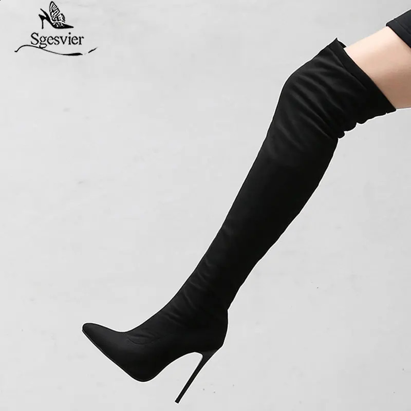 Thigh High Boots Women Autumn Spring Sexy Over the Knee Boots Stretch Flock High Heel Long Shoes Woman Big Size 45 48 Black Grey 260921