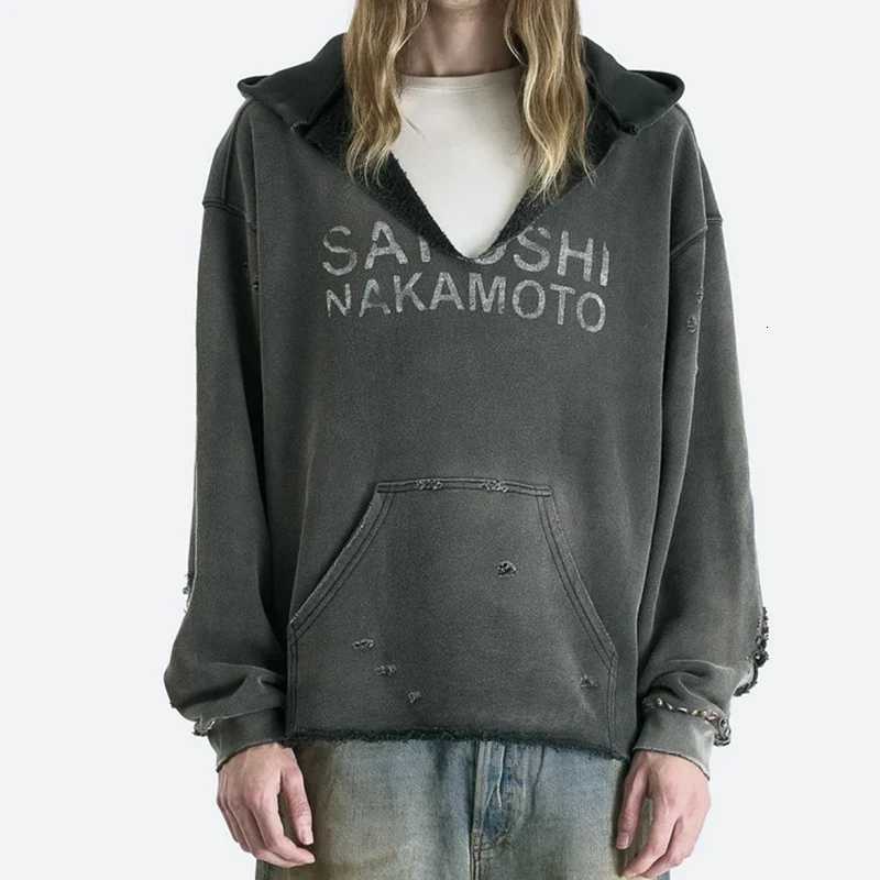 Men's Hoodies Sweatshirts Classic Letter Print Satoshi Nakamoto Hoodie Hooded Men Women Vintage Damaged Hole Splashed Ink Sweatshirts Street Ho