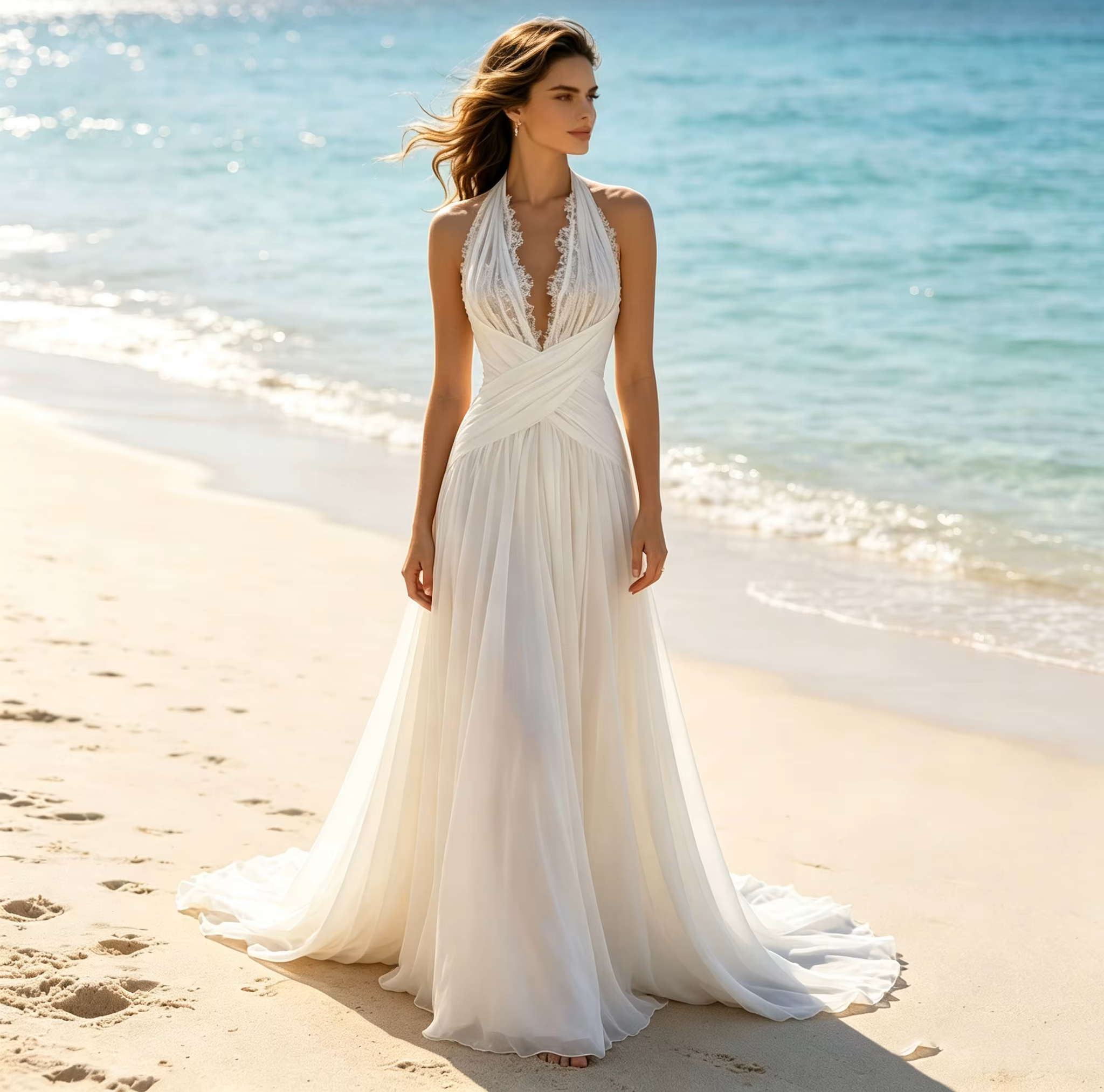 New Beach Wedding Dress Customized Ivory Bridal Gown V-Neck Pleats A-Line Chiffon Lace Bride Party Gowns Vestido De NoviaRobe De Mariage