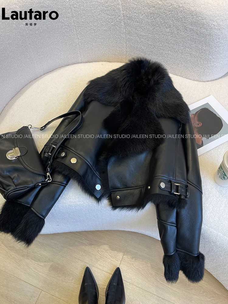 Leather Faux Women's Leather Lautaro Autumn Winter Cool Short Loose Black Thick Warm Soft Hairy Faux Sheepskin Coat Women Luxury Designer Fluff