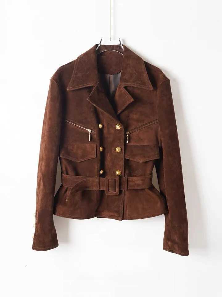 Genuine Suede Retro Leather Jacket for Women Collar Pocket 100% Sheepskin Slim Fit Coat With Belt C260921