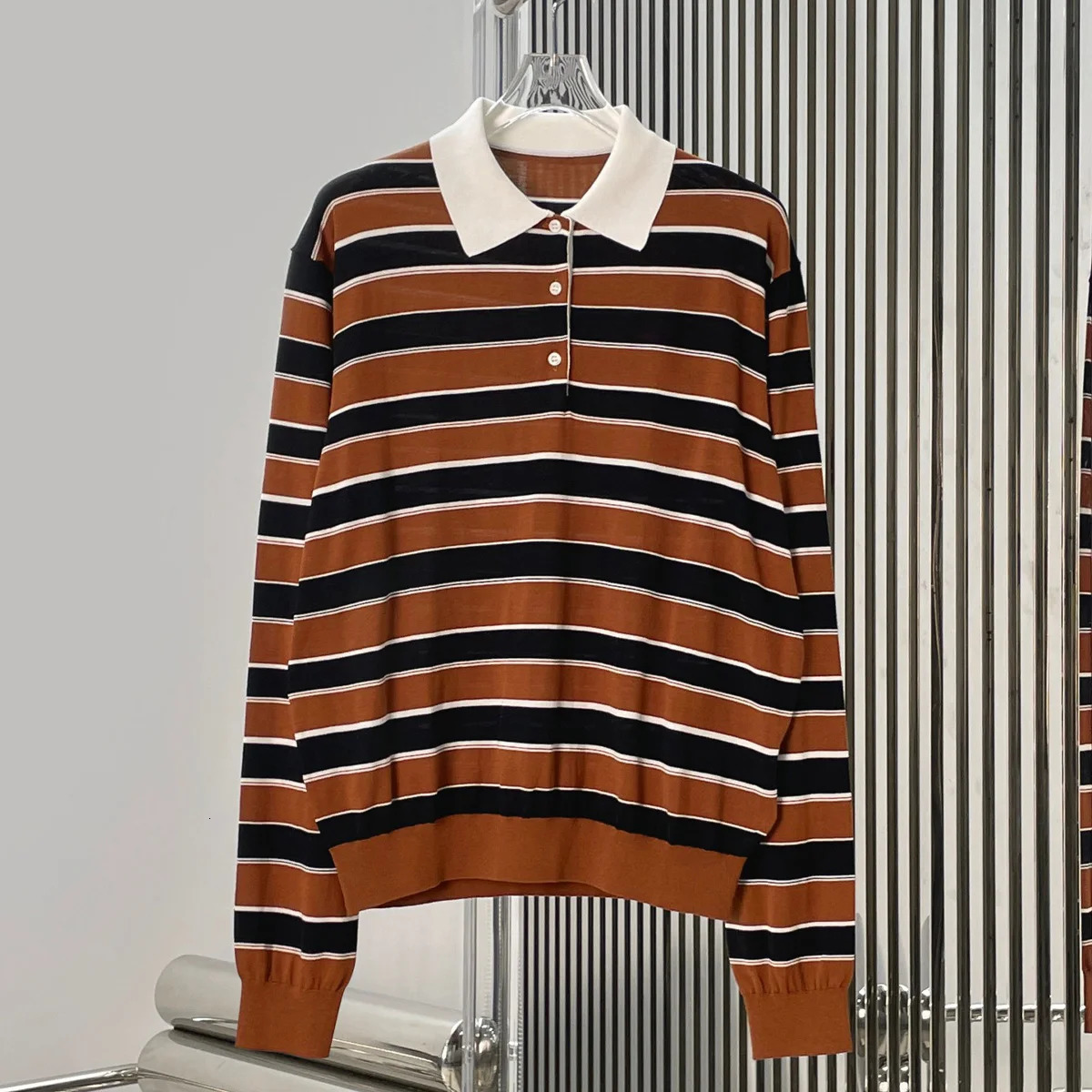 High Quality Women Contrast Collar Stripe Knit Polo Shirt Long Sleeve Button Half Placket Casual Knit Pullover Top lyt133550 260922