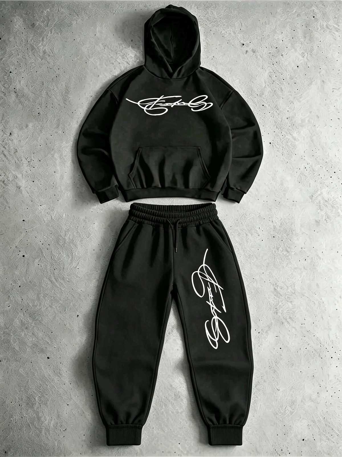 FallWinter Men's Tracksuits Men Streetwear 2Piece Set Letter Print Kangaroo Pocket FleeceLined Hoodie WideLeg Sweatpants Casual Outfit J260921