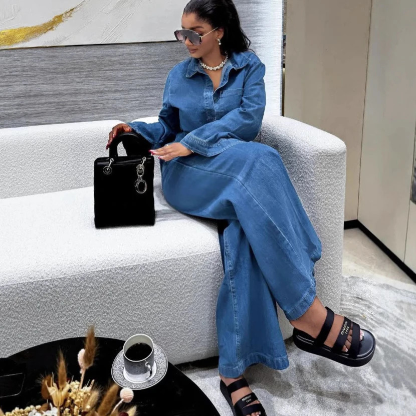 Denim Pant Set Women Two Piece Sets Turn Down Collar Mom Jeans Shirt Tops Wide Leg Long Pants Straight Trousers Y2k Streetwear 260921