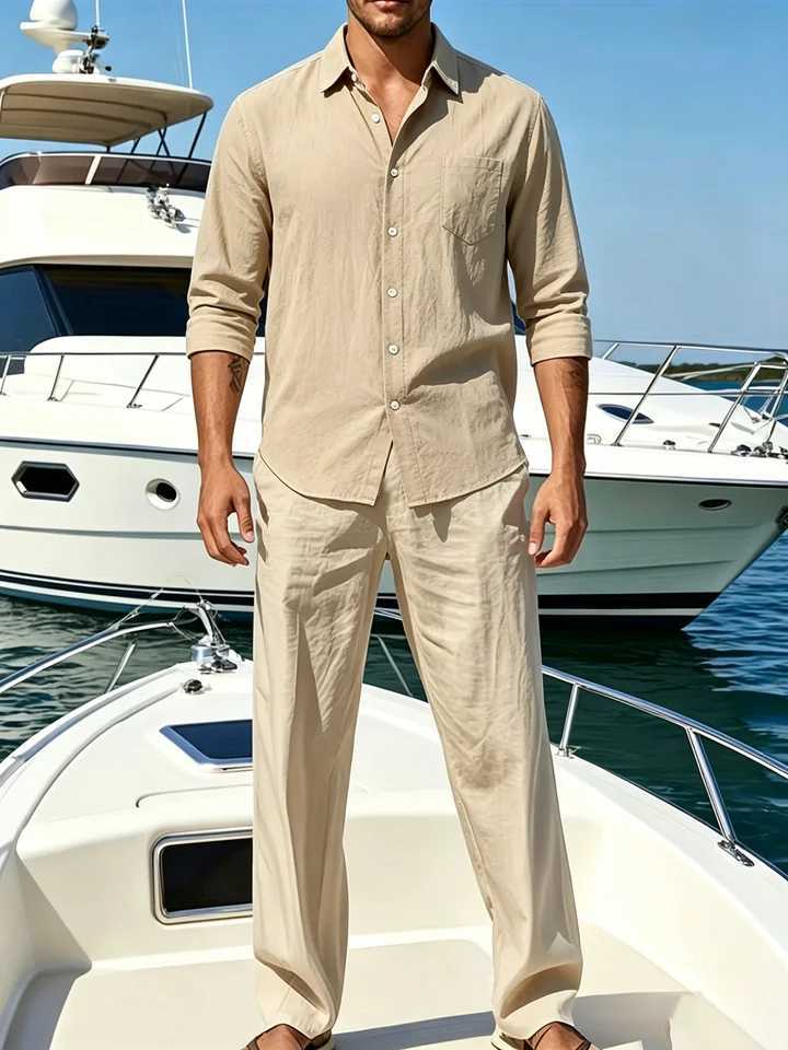 Tracksuits New Breathable Men's Linen Men's Long Sleeve Shirt and Pants Spring Summer Autumn Outdoor Leisure Walking Beach Sport Outfit 1/