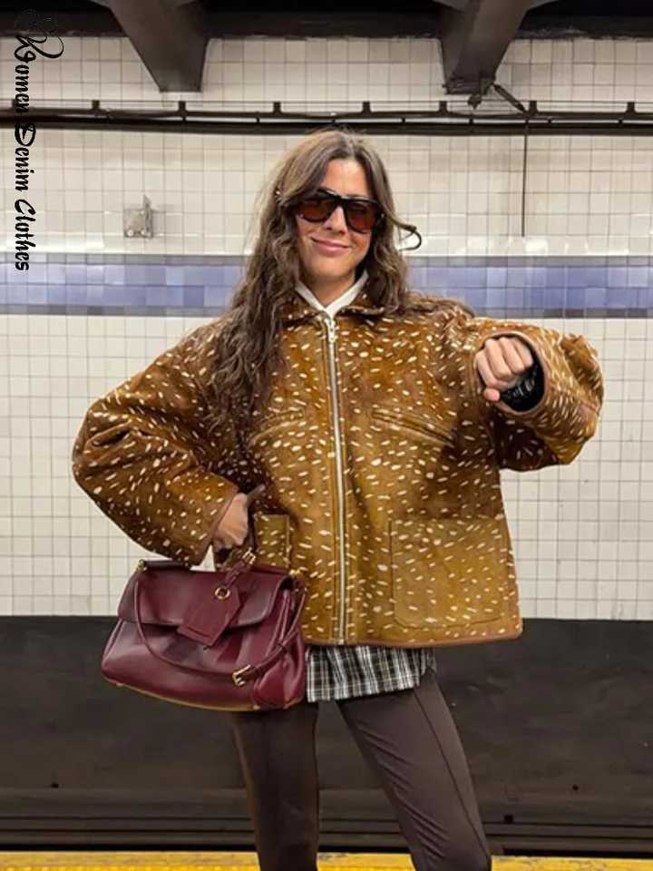 Women's Jackets Elegant Print Leopard Women's Jacket Autumn Loose Full Sleeve Lapel Zipper Pockets Coat Female 2026 Fashion All-match Outw