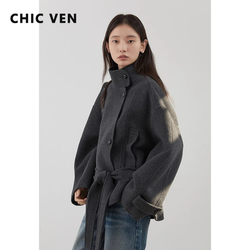 CHIC VEN Korean Women Double-sided Belt Woolen Coat Loose Overcoat Solid Ladies Outerwear Girl Jackets Autumn Winter 2025 260921