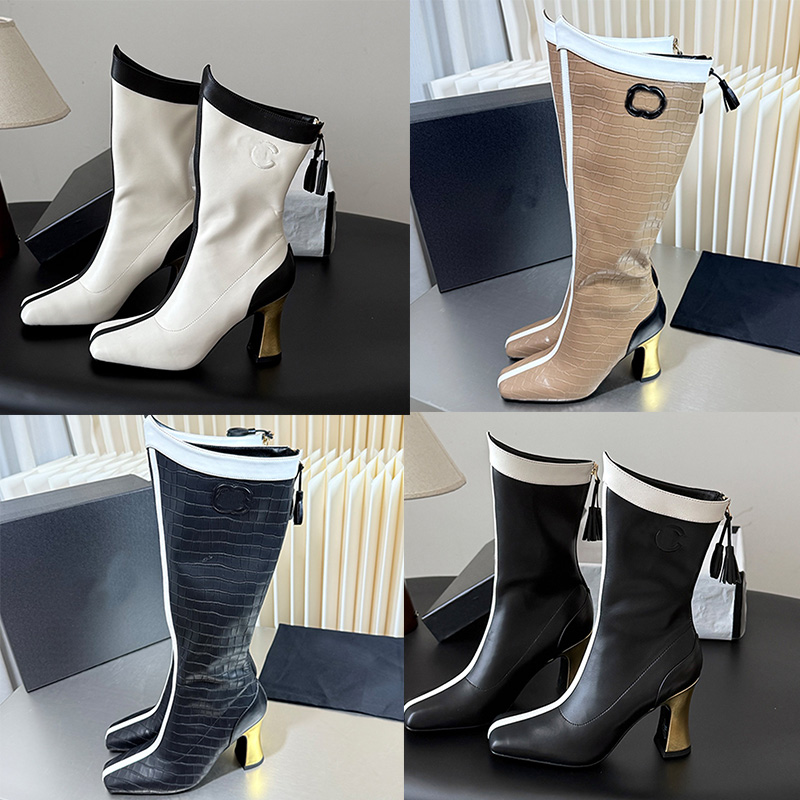 Fashion Designer Square Metal Heel Series High Top Boots Womans Luxury Contrasting Calf Leather short boots Womens Classic outdoor Wear Knight boots