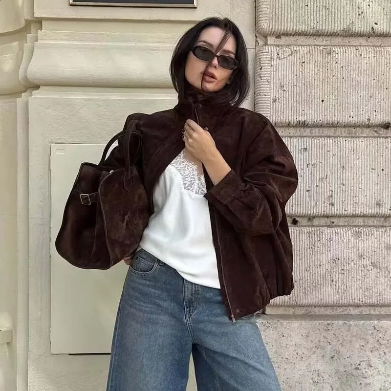 YENKYE Brown Faux Suede Leather Jacket For Women Autumn Winter Warm Loose Coat Long Sleeve Lapel Collar Vintage Outerwear 260921