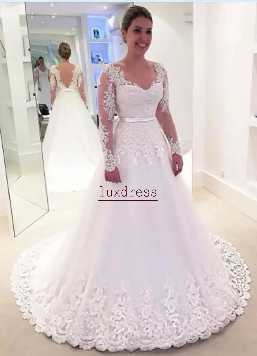 Wedding Dresses White Bridal Gowns A Line Formal Sweep Train Tulle Applique Ivory New Custom Plus Size Lace Up Sweetheart Long Sleeve Sashes